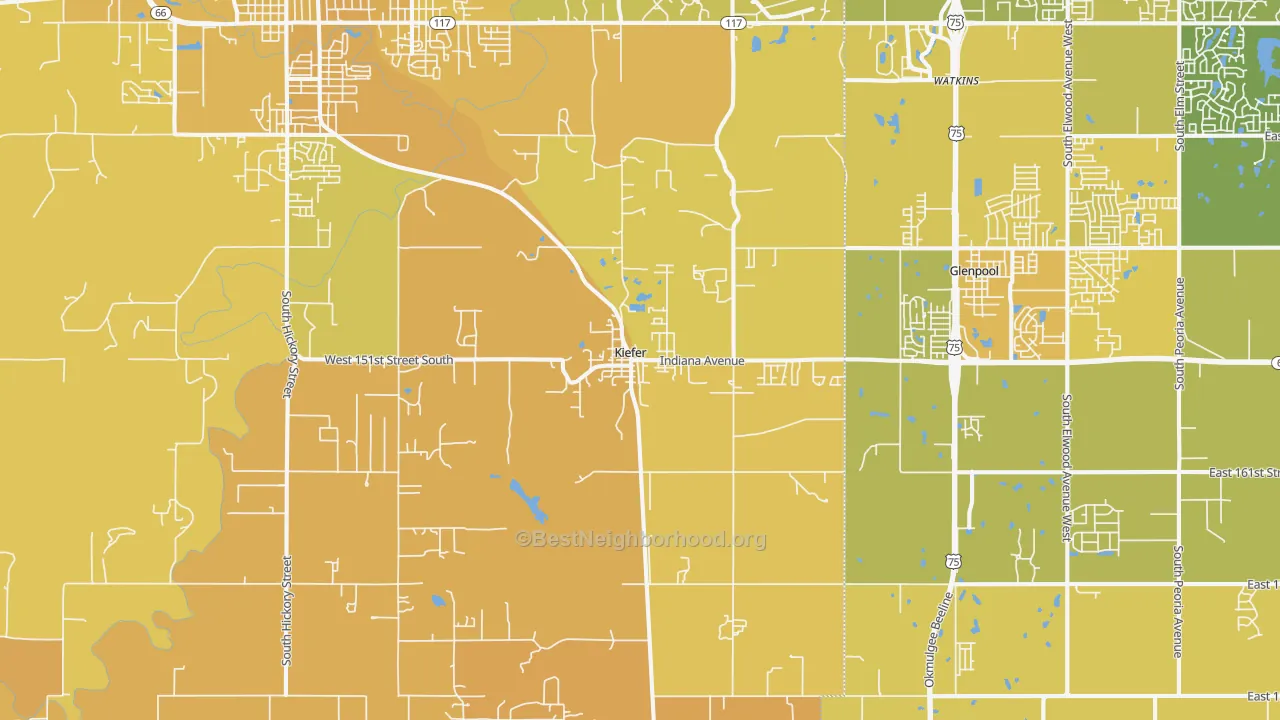 Map of the best neighborhoods in the Kiefer area, with better matches in green and worse matches in red