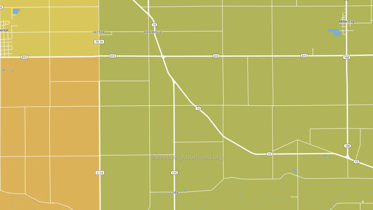 Map of the best neighborhoods in the Kieferville area, with better matches in green and worse matches in red