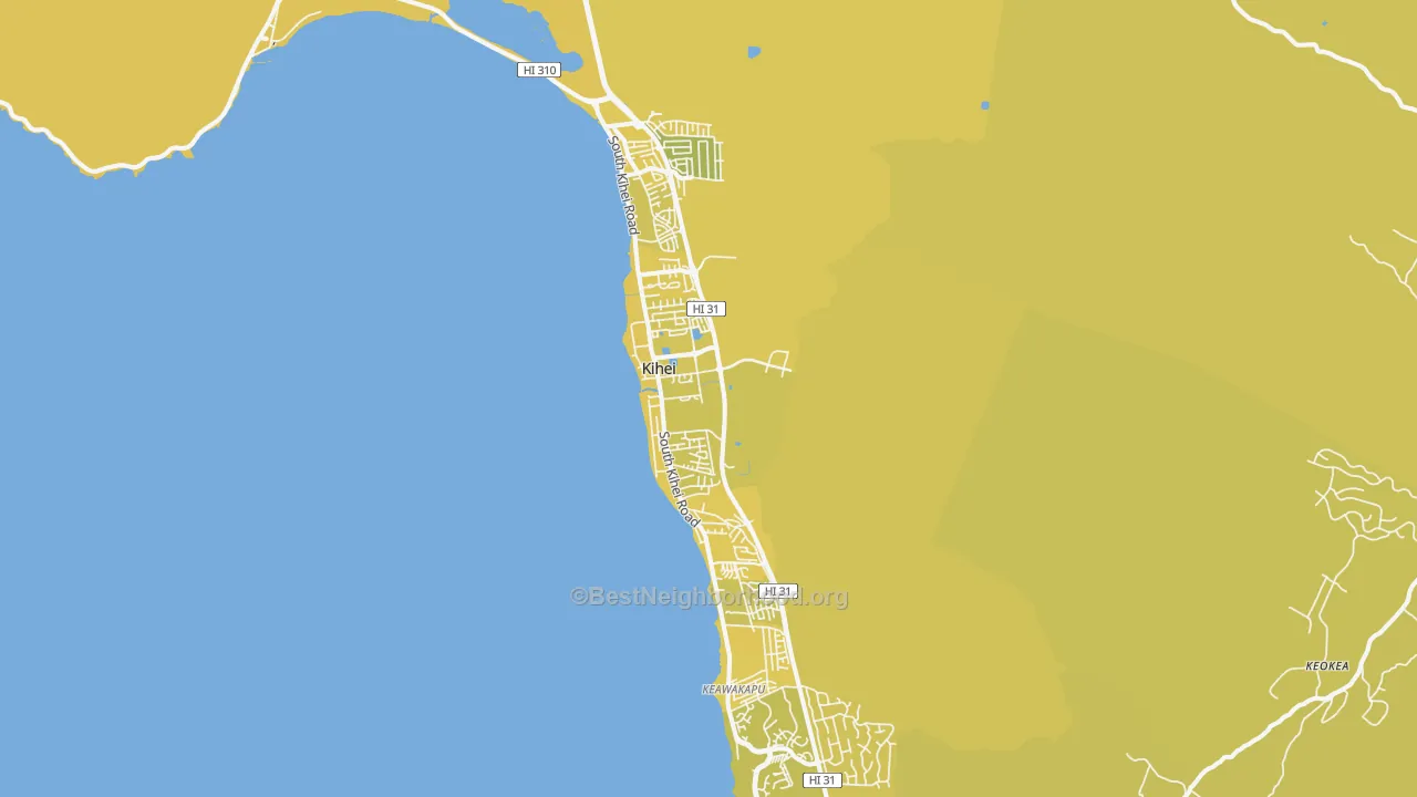 Map of the best neighborhoods in the Kihei area, with better matches in green and worse matches in red