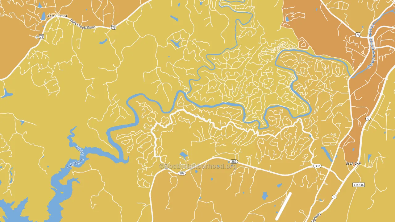 Map of the best neighborhoods in the Kiker area, with better matches in green and worse matches in red