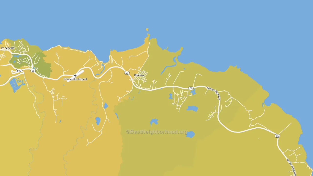 Map of the best neighborhoods in the Kilauea area, with better matches in green and worse matches in red