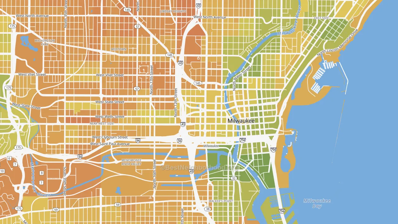 Map of the best neighborhoods in the Kilbourn Town, Milwaukee area, with better matches in green and worse matches in red