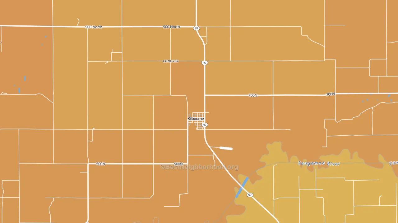 Map of the best neighborhoods in the Kilbourne area, with better matches in green and worse matches in red