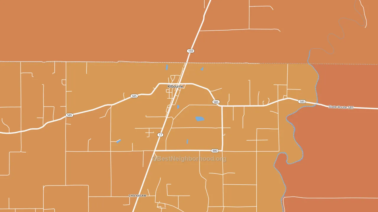 Map of the best neighborhoods in the Kilbourne area, with better matches in green and worse matches in red