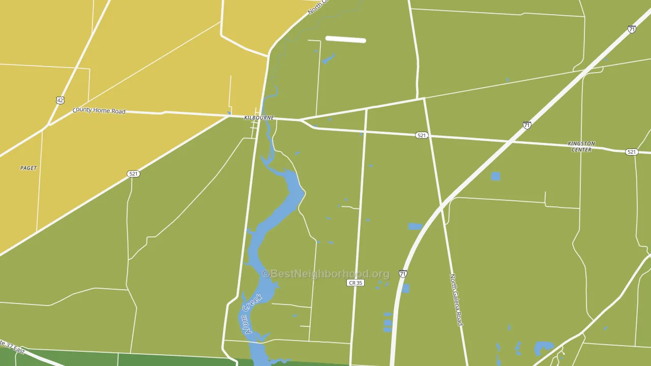 Map of the best neighborhoods in the Kilbourne area, with better matches in green and worse matches in red