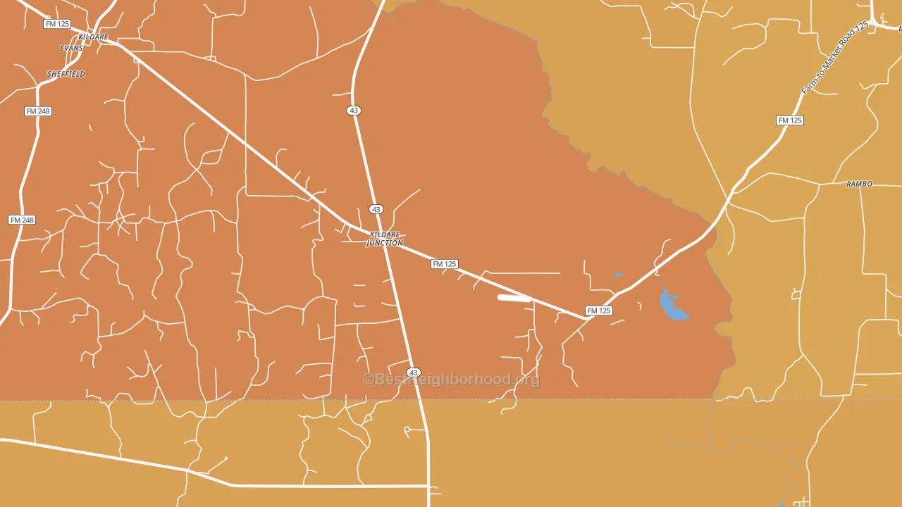 Map of the best neighborhoods in the Kildare Junction area, with better matches in green and worse matches in red