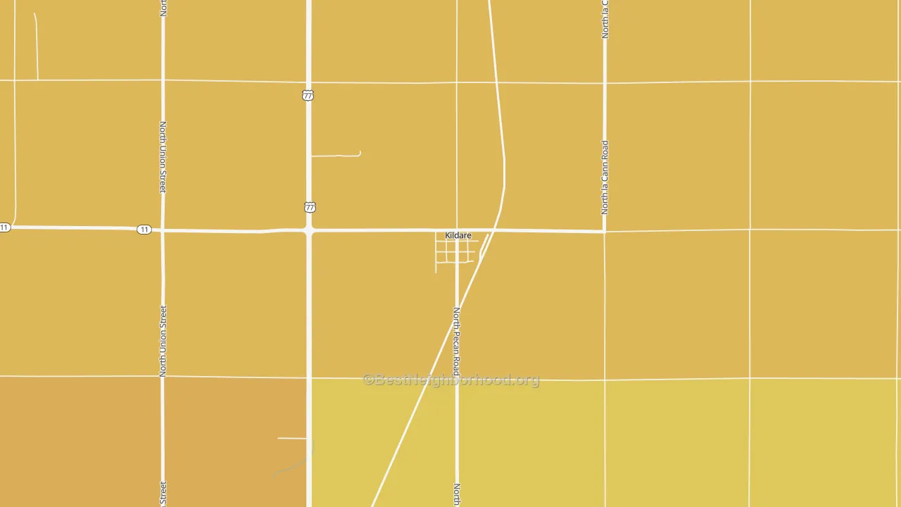 Map of the best neighborhoods in the Kildare area, with better matches in green and worse matches in red