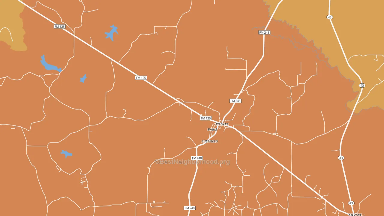 Map of the best neighborhoods in the Kildare area, with better matches in green and worse matches in red