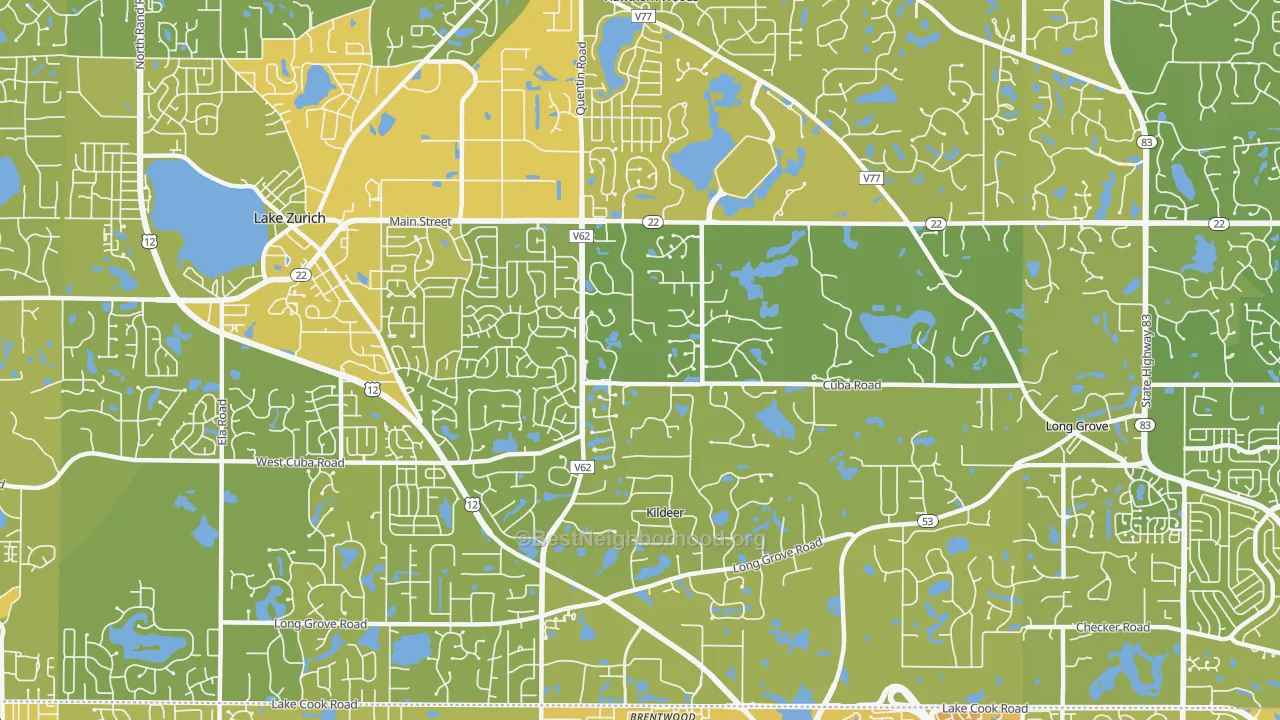 Map of the best neighborhoods in the Kildeer area, with better matches in green and worse matches in red