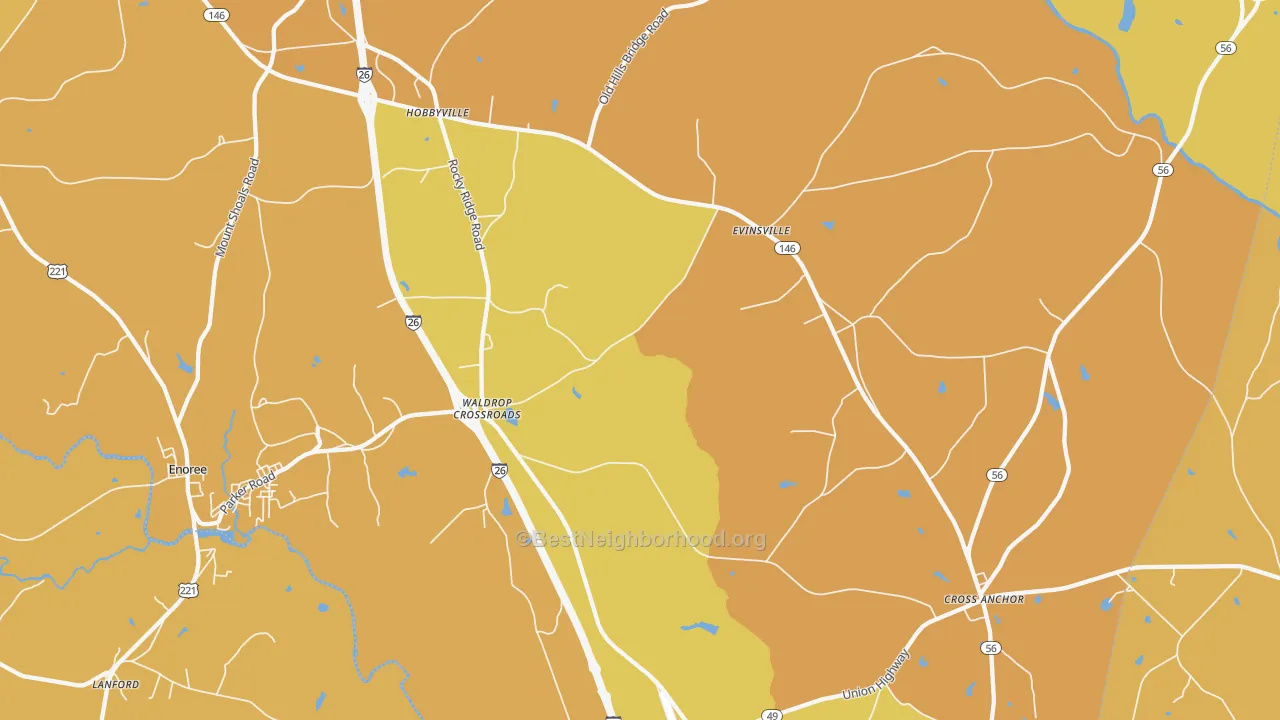 Map of the best neighborhoods in the Kilgore area, with better matches in green and worse matches in red