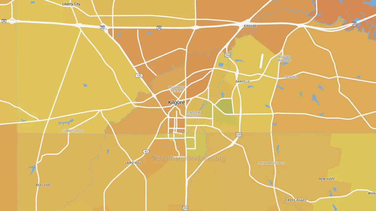 Map of the best neighborhoods in the Kilgore area, with better matches in green and worse matches in red
