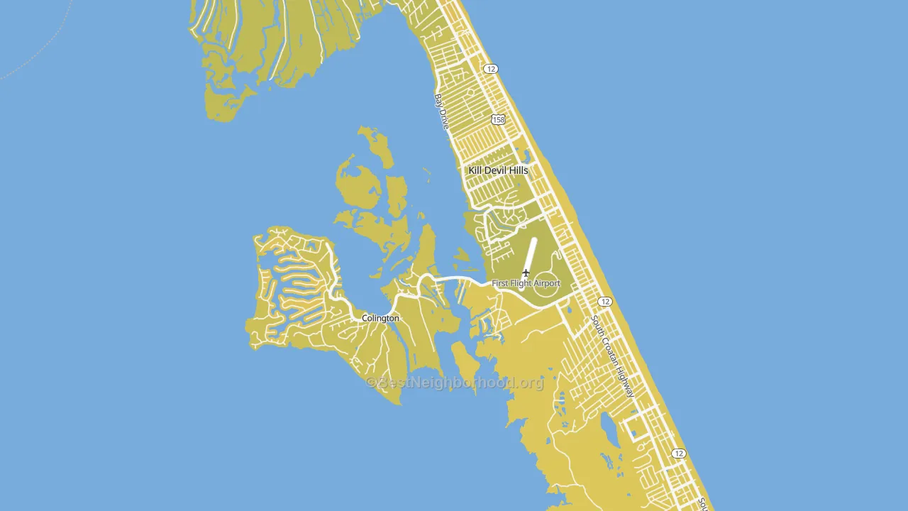 Map of the best neighborhoods in the Kill Devil Hills area, with better matches in green and worse matches in red