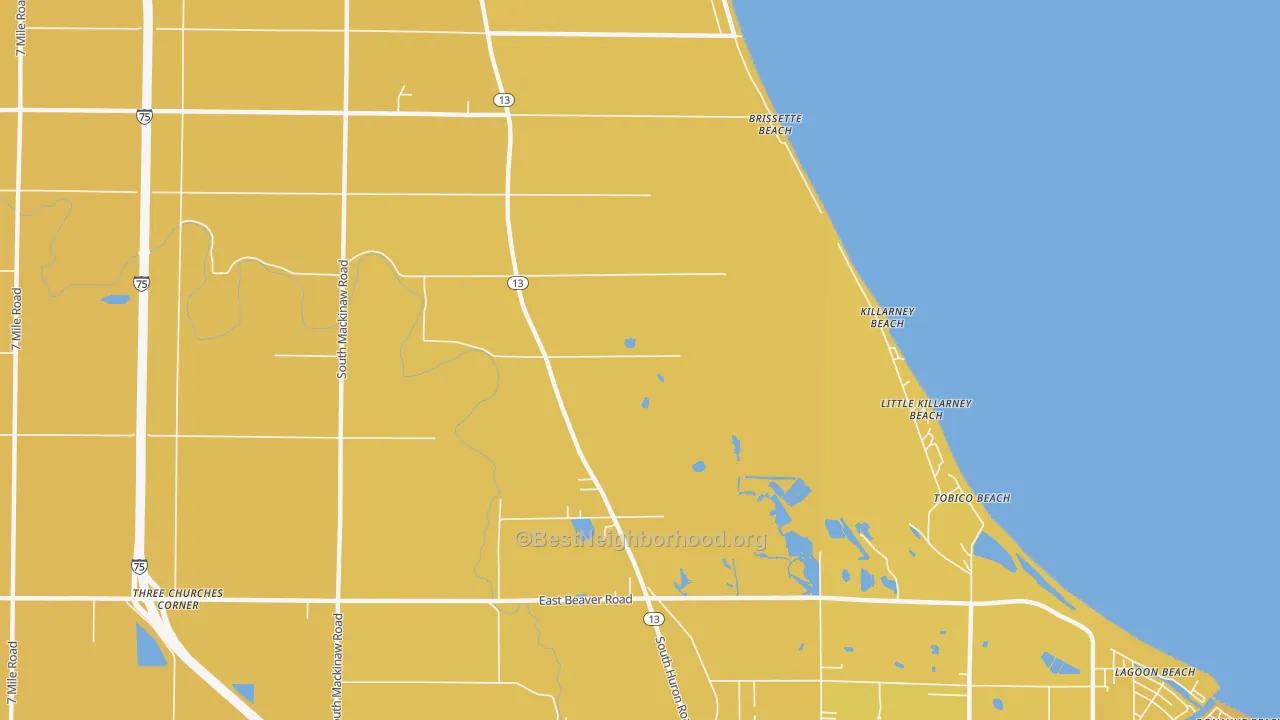 Map of the best neighborhoods in the Killarney Beach area, with better matches in green and worse matches in red