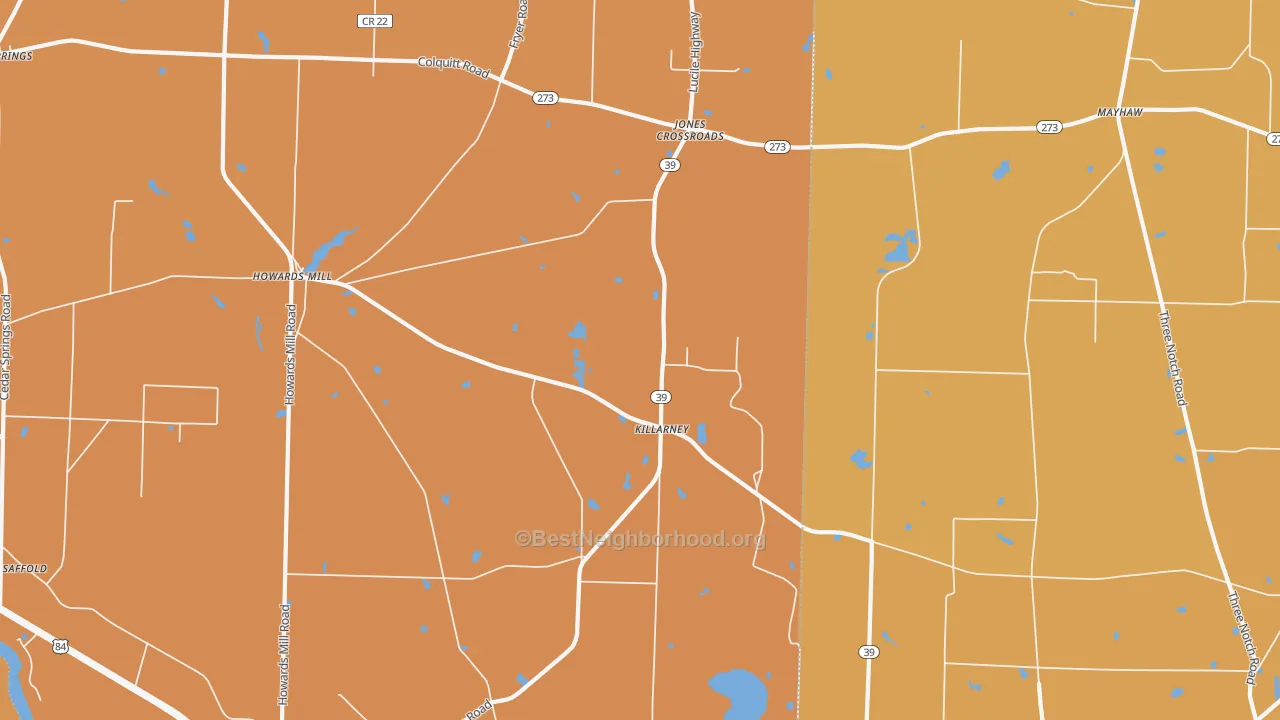 Map of the best neighborhoods in the Killarney area, with better matches in green and worse matches in red