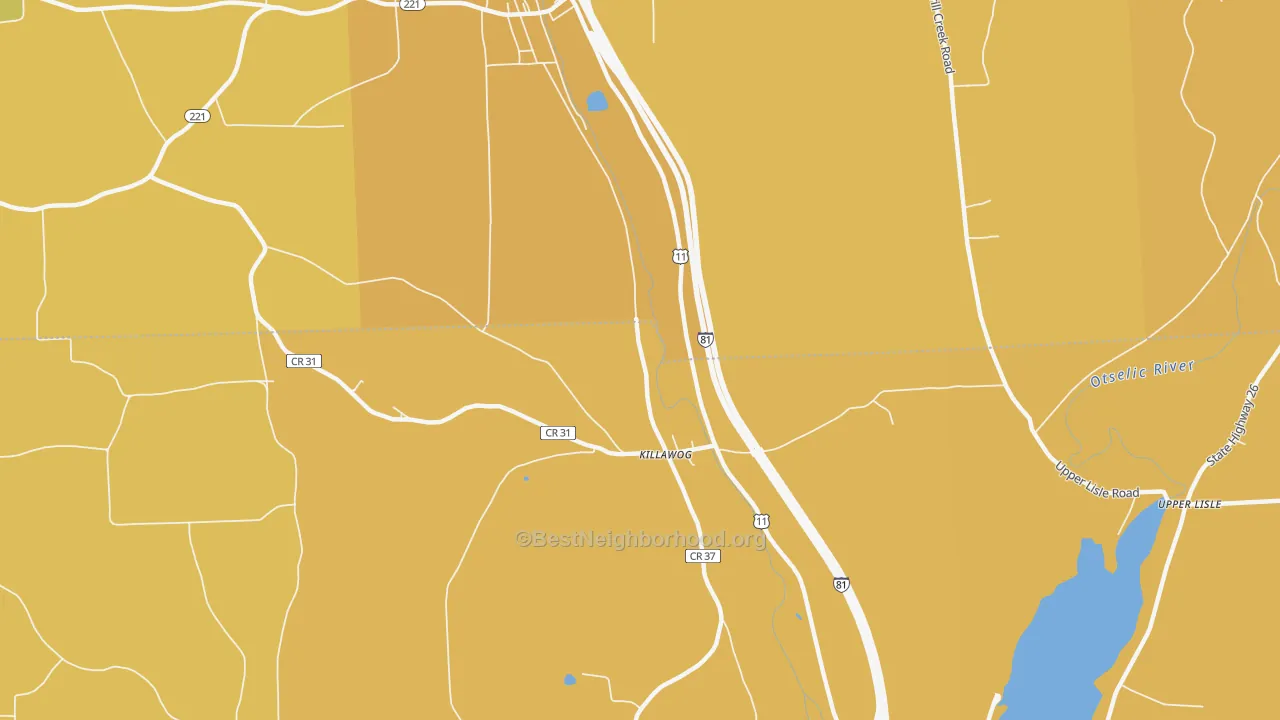 Map of the best neighborhoods in the Killawog area, with better matches in green and worse matches in red