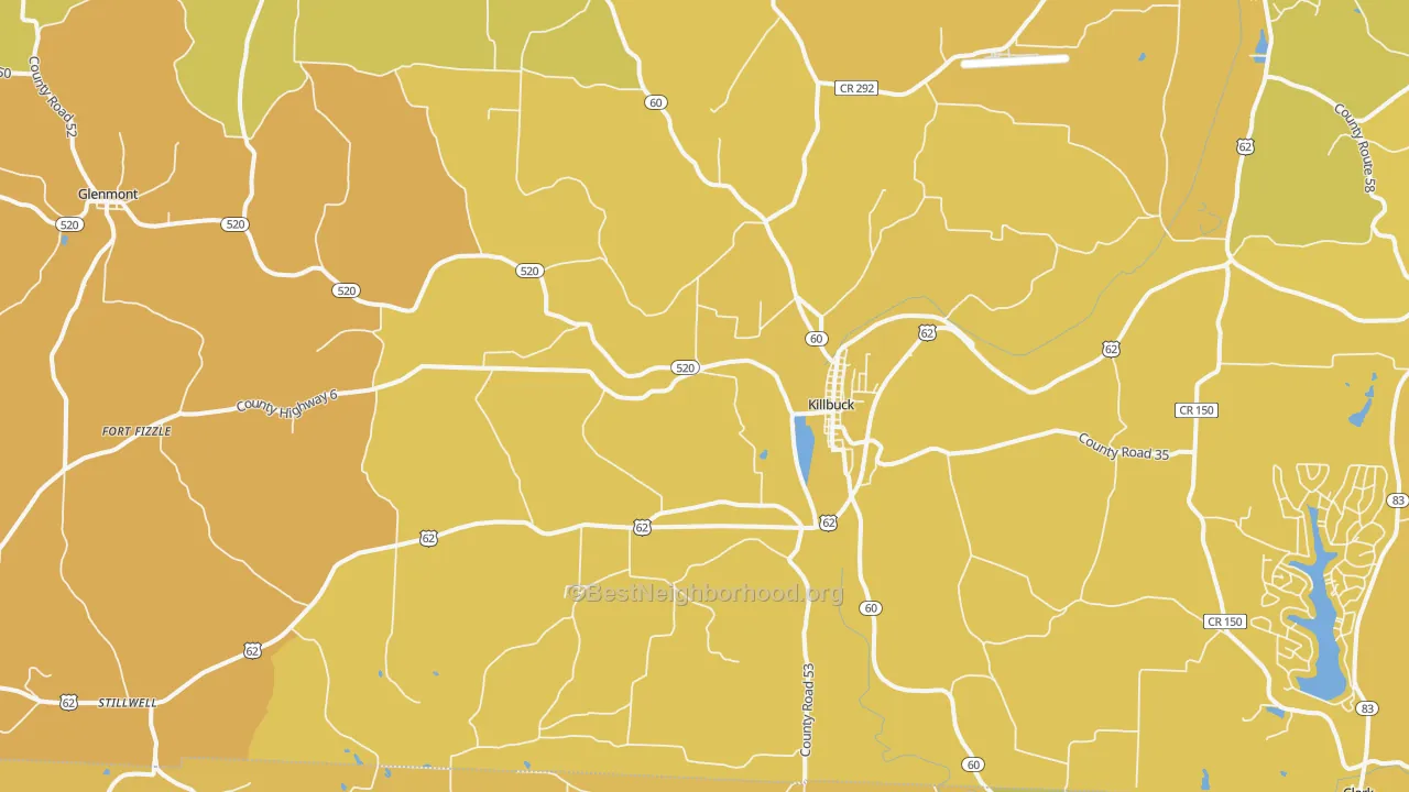 Map of the best neighborhoods in the Killbuck area, with better matches in green and worse matches in red