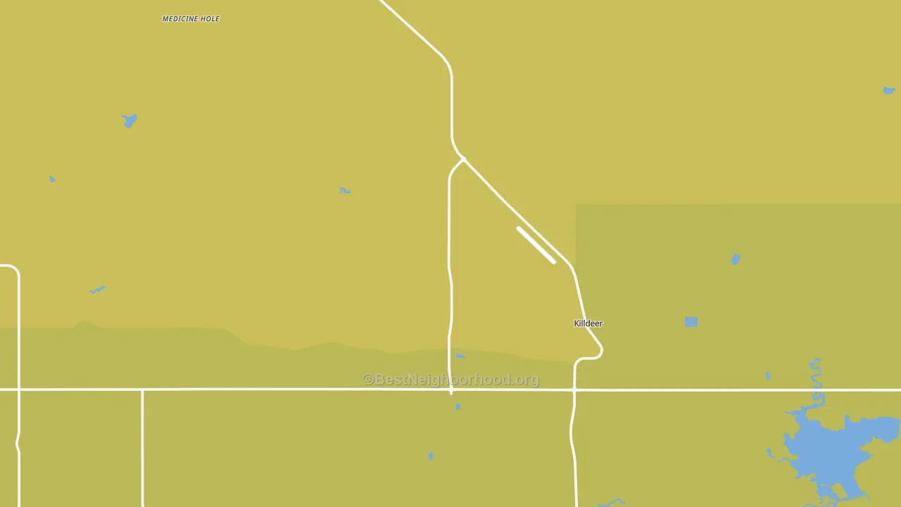 Map of the best neighborhoods in the Killdeer area, with better matches in green and worse matches in red