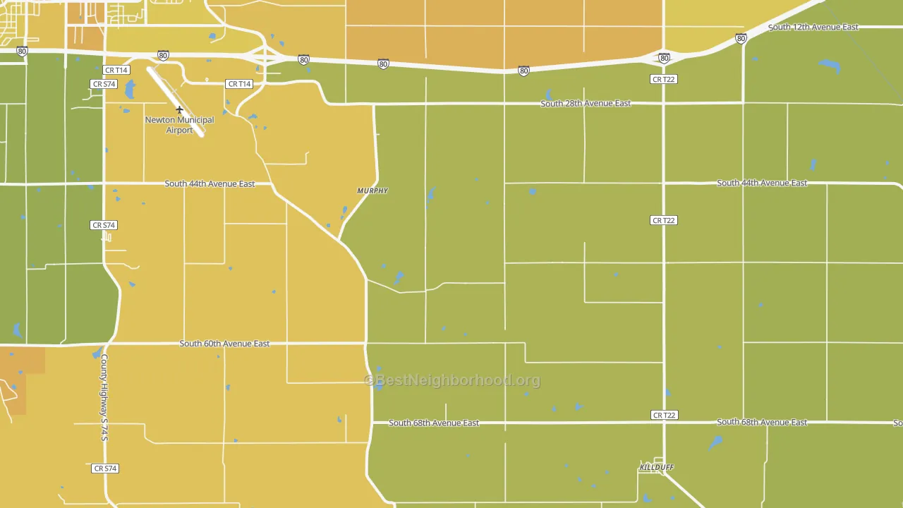 Map of the best neighborhoods in the Killduff area, with better matches in green and worse matches in red