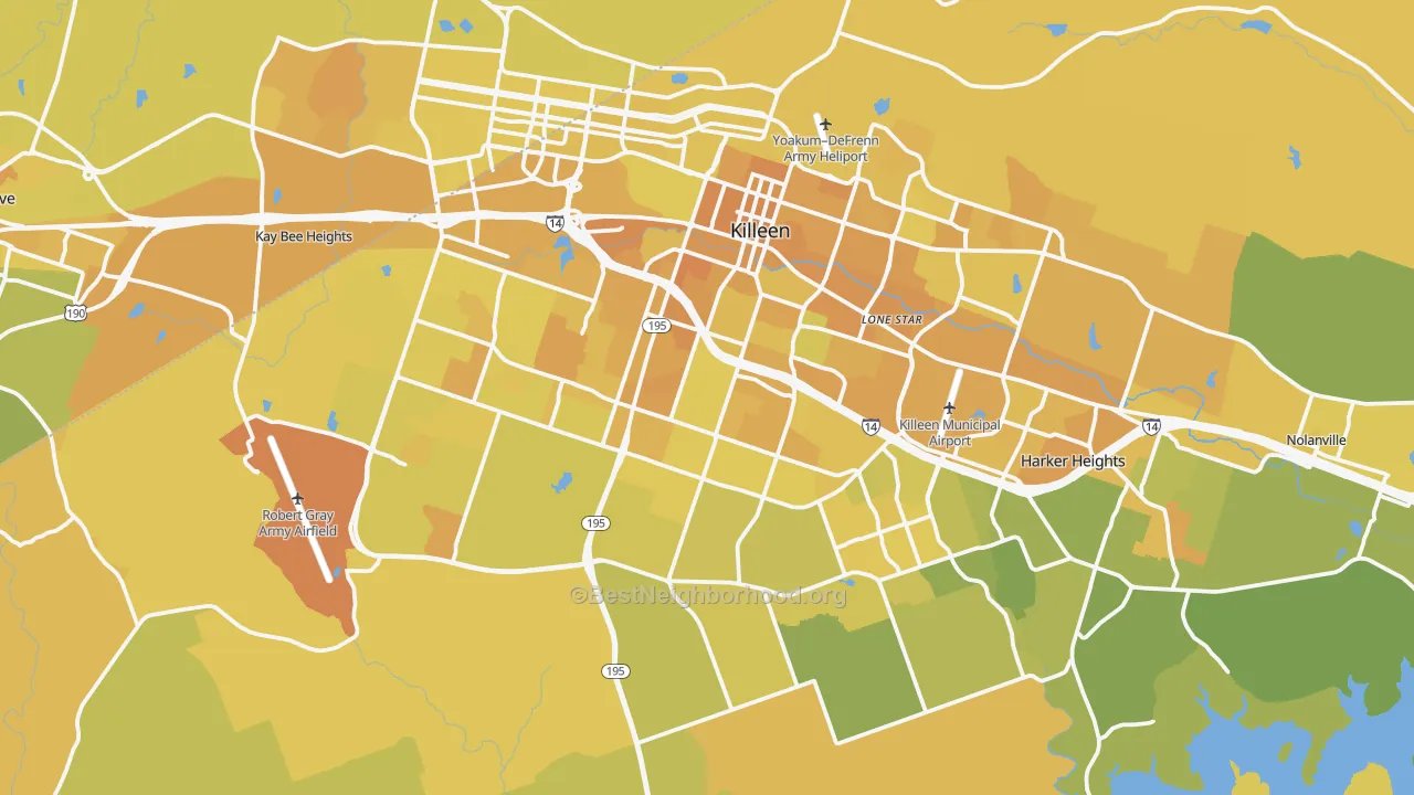Map of the best neighborhoods in the Killeen Metro area, with better matches in green and worse matches in red