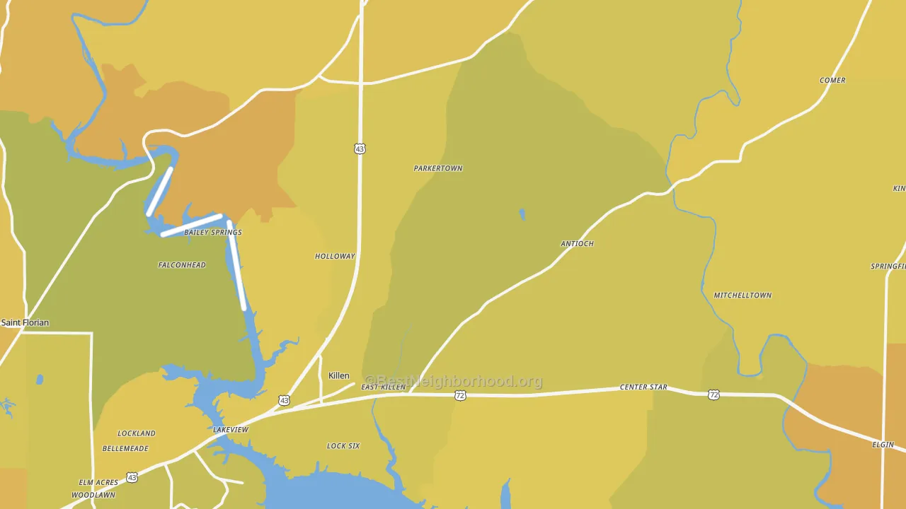 Map of the best neighborhoods in the Killen area, with better matches in green and worse matches in red