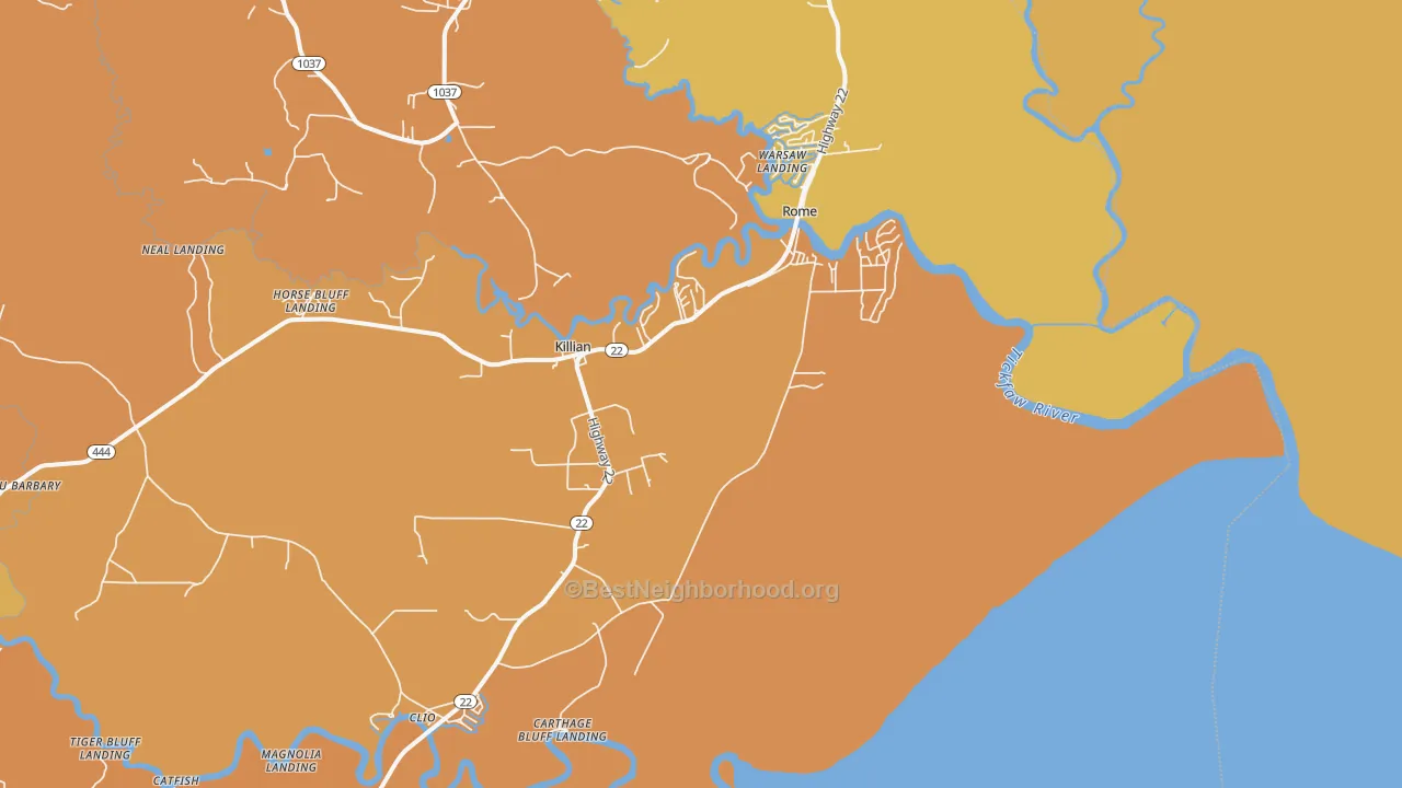 Map of the best neighborhoods in the Killian area, with better matches in green and worse matches in red