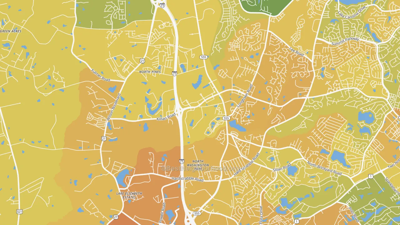 Map of the best neighborhoods in the Killian area, with better matches in green and worse matches in red