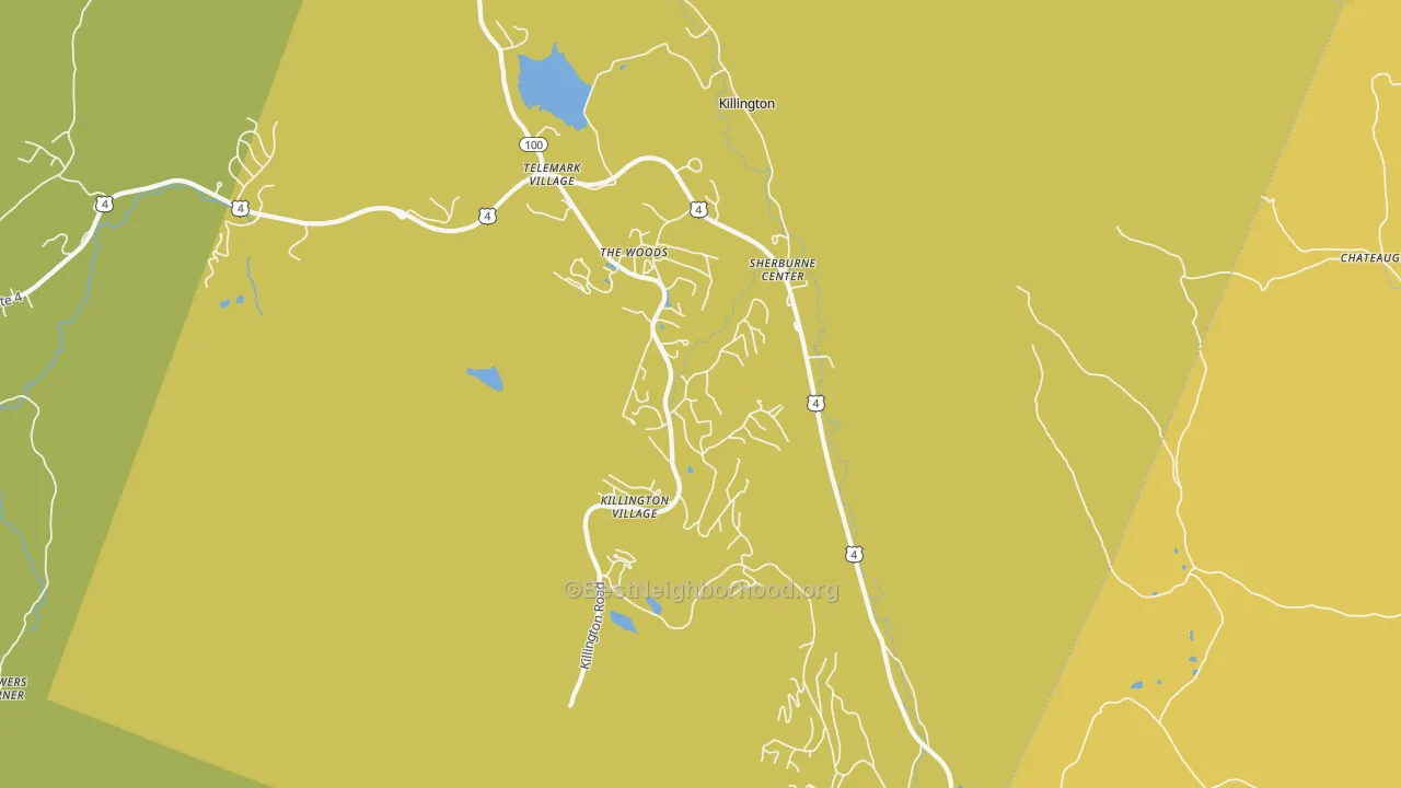 Map of the best neighborhoods in the Killington area, with better matches in green and worse matches in red