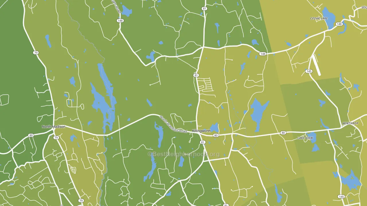 Map of the best neighborhoods in the Killingworth area, with better matches in green and worse matches in red