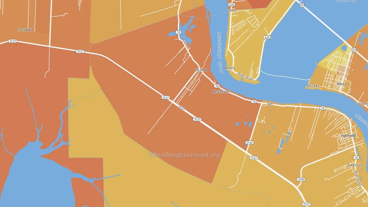 Map of the best neighborhoods in the Killona area, with better matches in green and worse matches in red