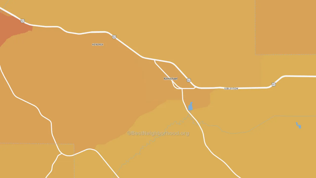 Map of the best neighborhoods in the Kilmichael area, with better matches in green and worse matches in red