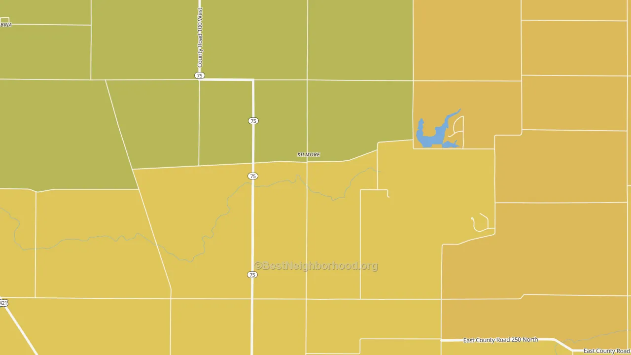 Map of the best neighborhoods in the Kilmore area, with better matches in green and worse matches in red