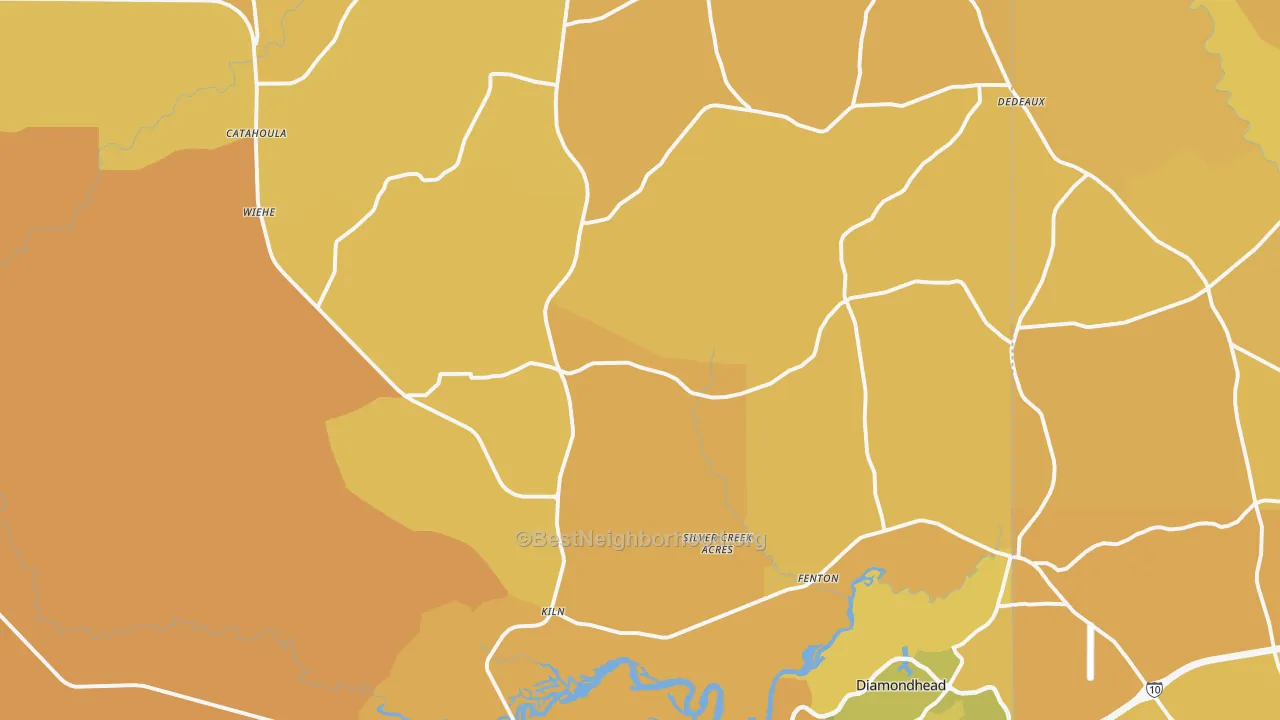 Map of the best neighborhoods in the Kiln area, with better matches in green and worse matches in red