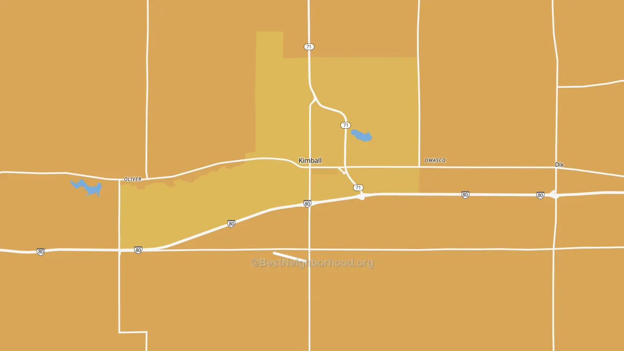 Map of the best neighborhoods in the Kimball County area, with better matches in green and worse matches in red