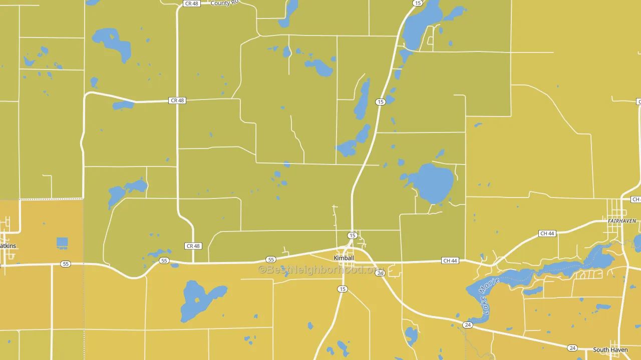 Map of the best neighborhoods in the Kimball area, with better matches in green and worse matches in red