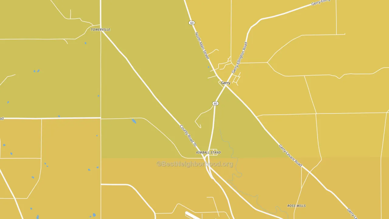 Map of the best neighborhoods in the Kimball Stand area, with better matches in green and worse matches in red