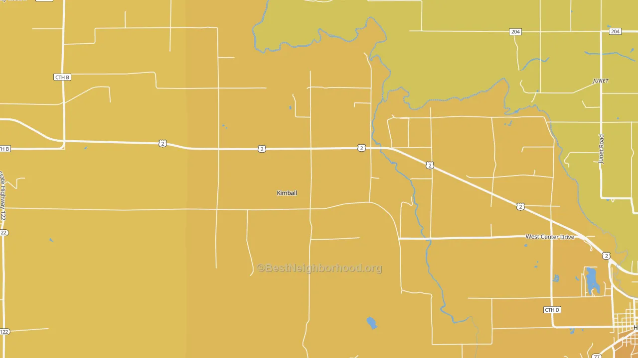 Map of the best neighborhoods in the Kimball area, with better matches in green and worse matches in red