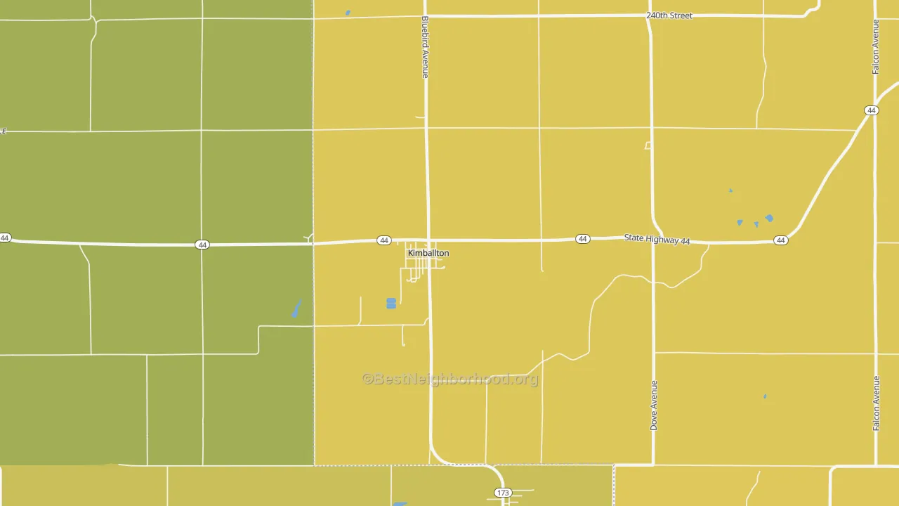 Map of the best neighborhoods in the Kimballton area, with better matches in green and worse matches in red
