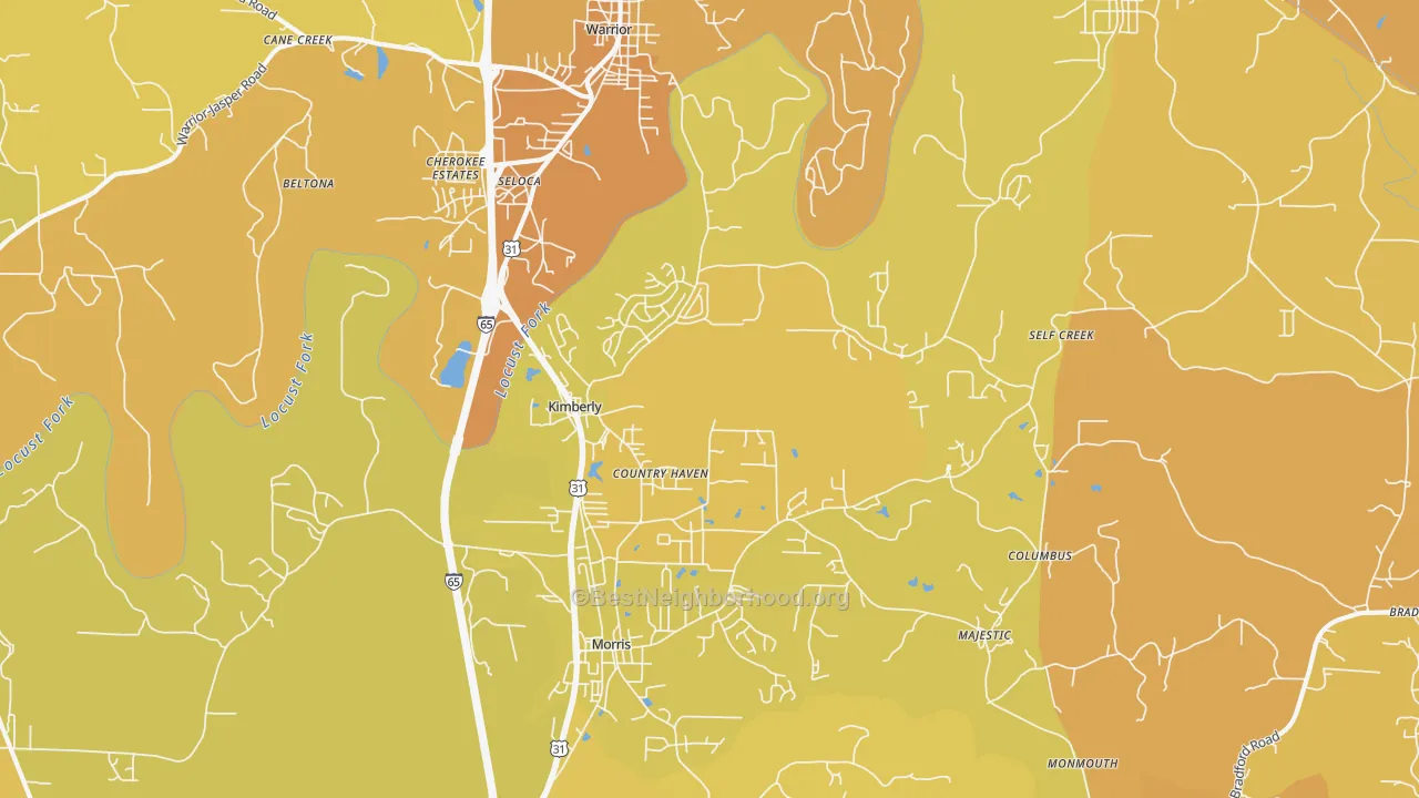 Map of the best neighborhoods in the Kimberly area, with better matches in green and worse matches in red