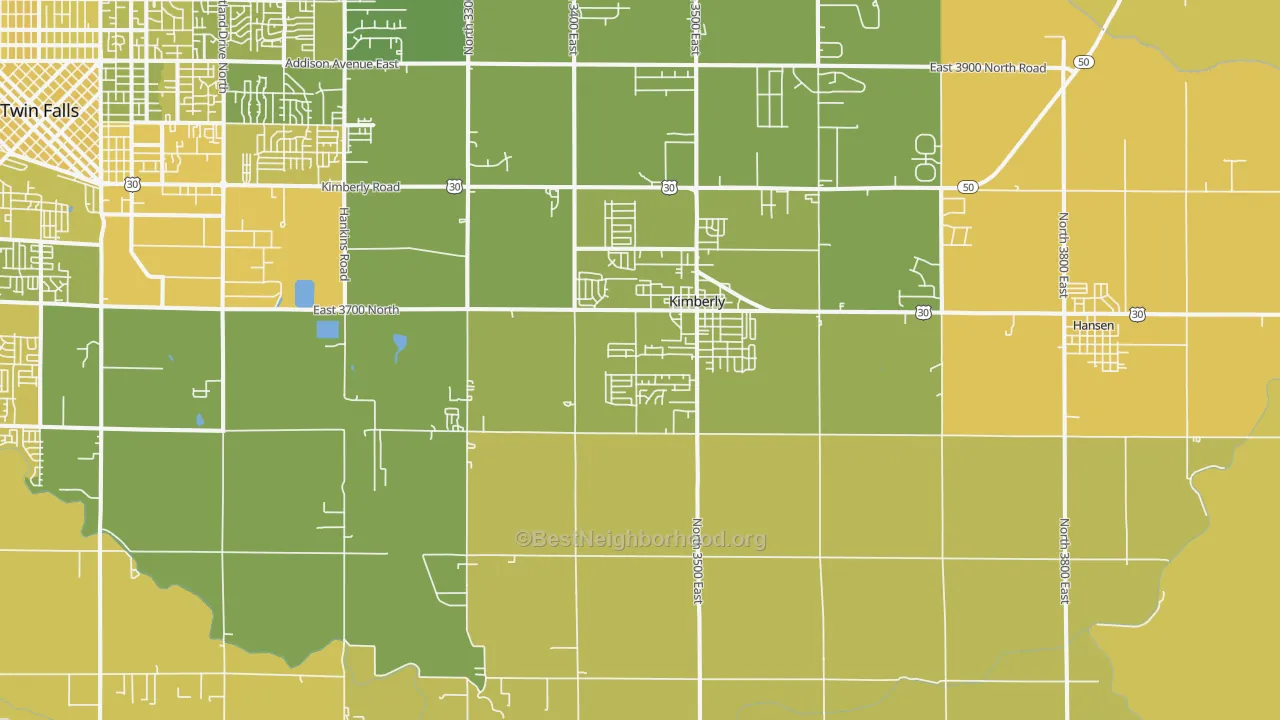 Map of the best neighborhoods in the Kimberly area, with better matches in green and worse matches in red