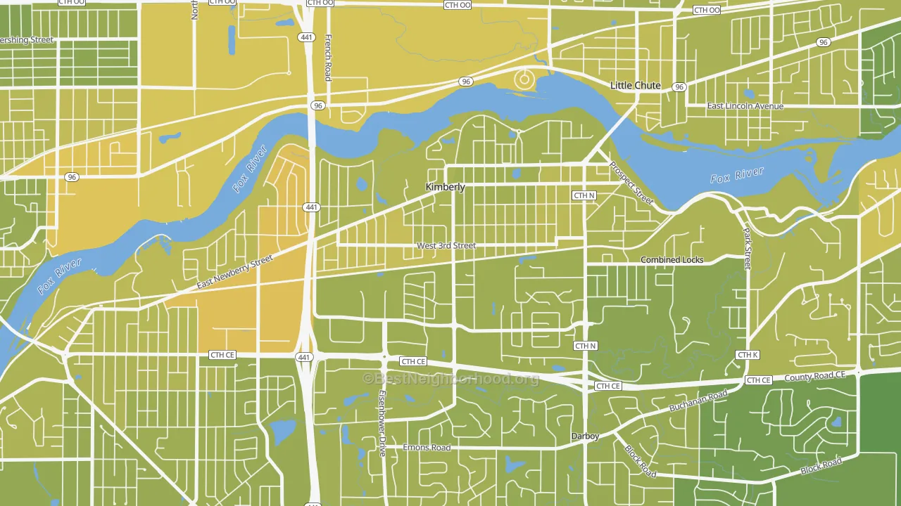Map of the best neighborhoods in the Kimberly area, with better matches in green and worse matches in red