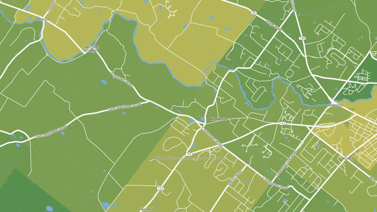 Map of the best neighborhoods in the Kimberton area, with better matches in green and worse matches in red