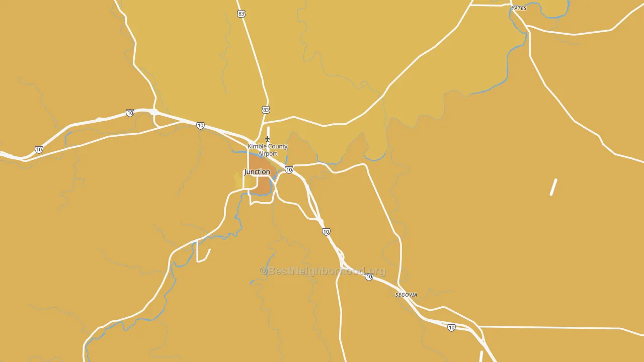 Map of the best neighborhoods in the Kimble County area, with better matches in green and worse matches in red