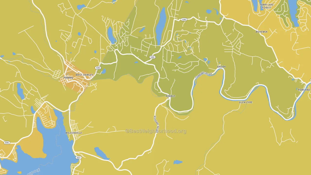 Map of the best neighborhoods in the Kimbles area, with better matches in green and worse matches in red