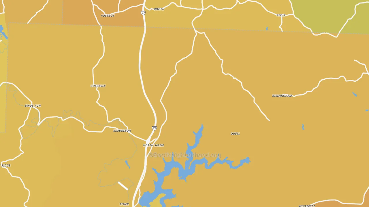 Map of the best neighborhoods in the Kimbolton area, with better matches in green and worse matches in red