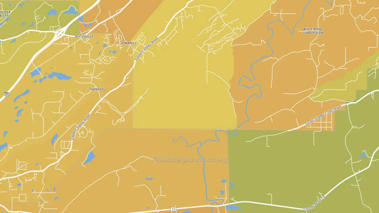 Map of the best neighborhoods in the Kimbrell area, with better matches in green and worse matches in red