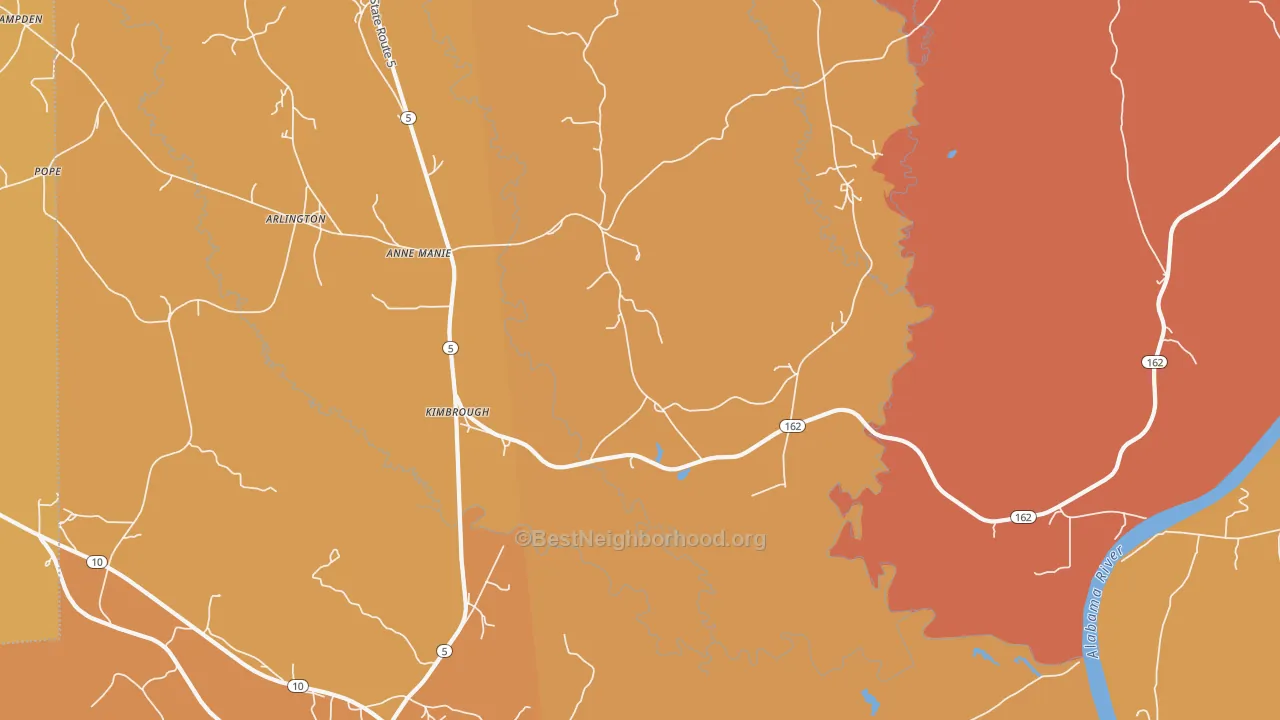 Map of the best neighborhoods in the Kimbrough area, with better matches in green and worse matches in red