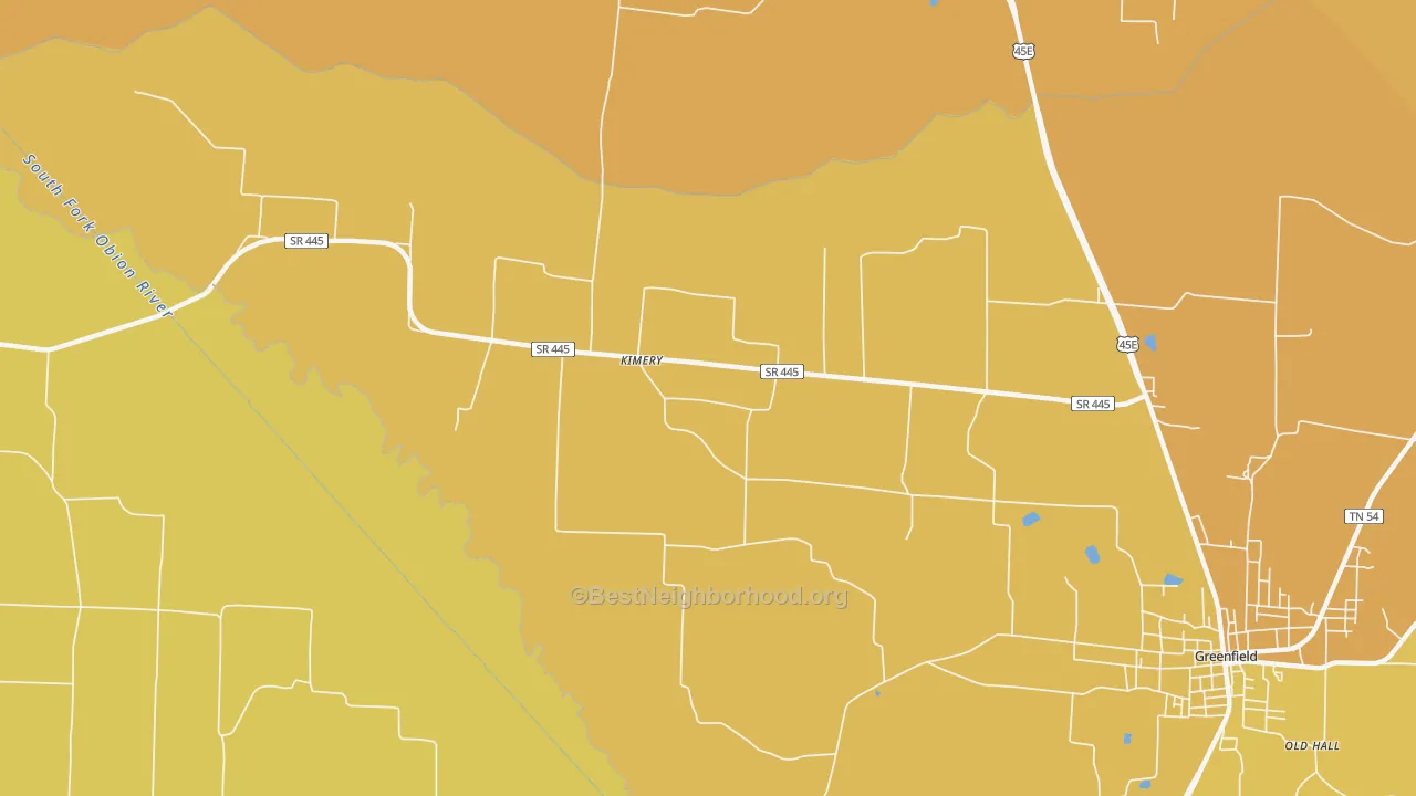 Map of the best neighborhoods in the Kimery area, with better matches in green and worse matches in red