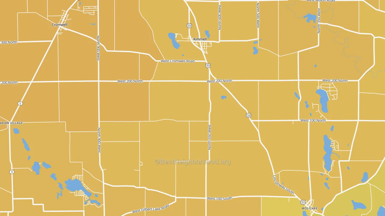 Map of the best neighborhoods in the Kimmell area, with better matches in green and worse matches in red
