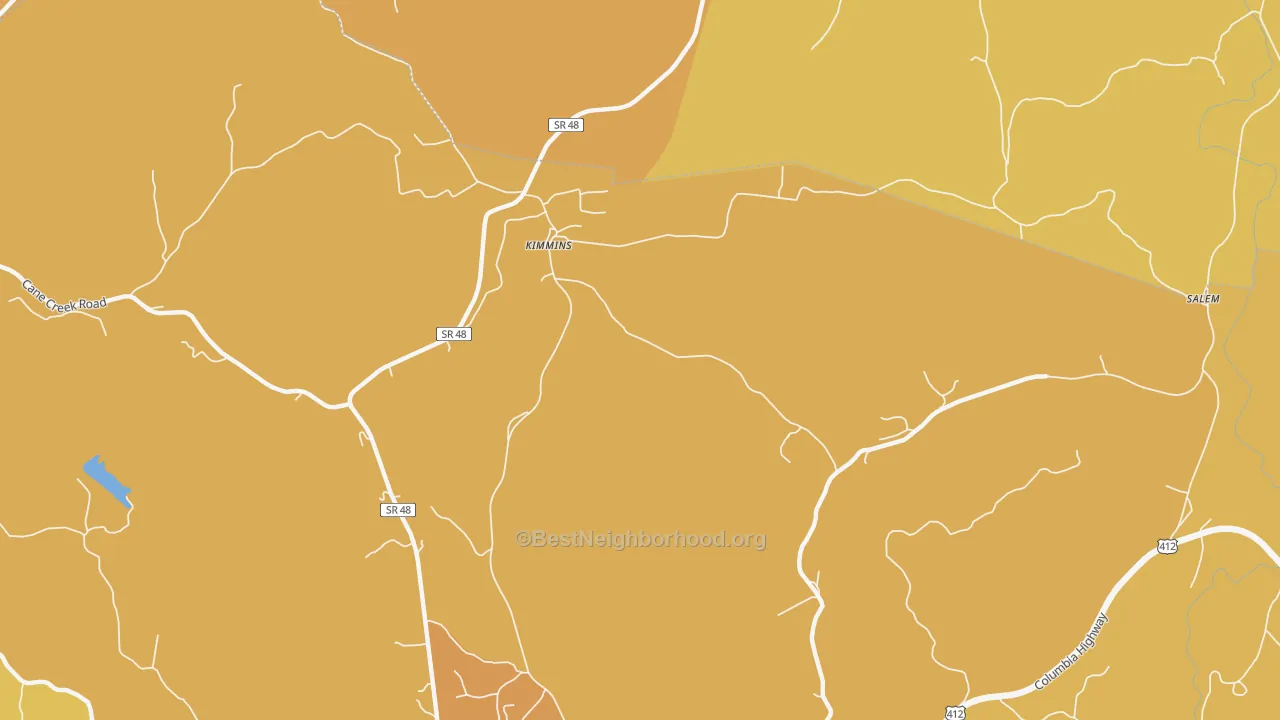 Map of the best neighborhoods in the Kimmins area, with better matches in green and worse matches in red