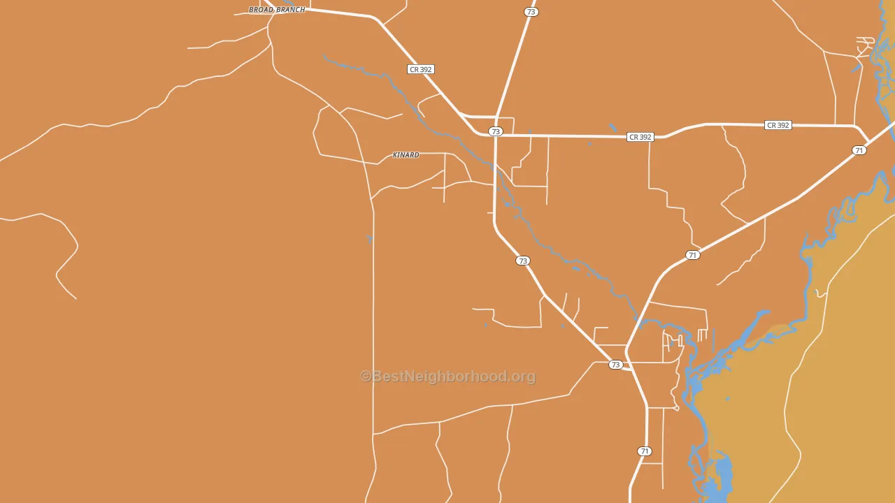 Map of the best neighborhoods in the Kinard area, with better matches in green and worse matches in red